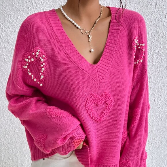 Hot Pink Casual Women's Pearls Heart Detail V-Neck Drop Shoulder Sweater - Picture 3 of 6